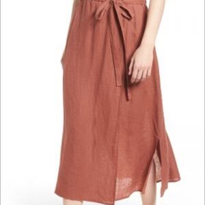 Eileen Fisher Organic Linen Brown Minimalist Coastal Faux Wrap Midi Skirt Sz PL